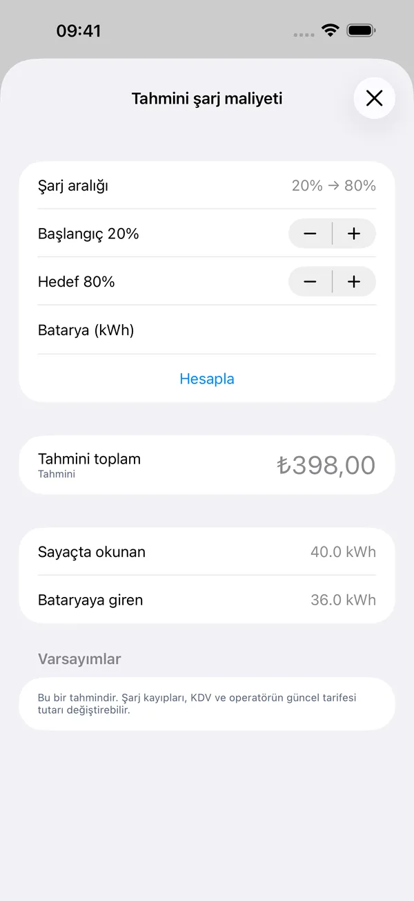 ŞarjBot iPhone uygulaması: Şarj maliyeti tahmini