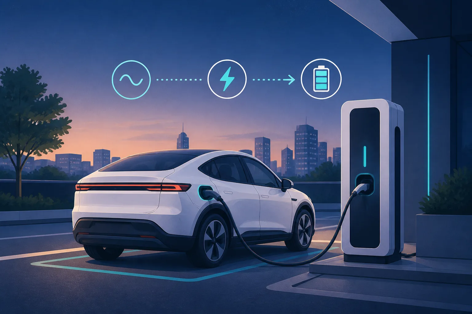 Elektrikli araç bir şarj istasyonunda şarj olurken AC ve DC enerji akışı illüstrasyonu