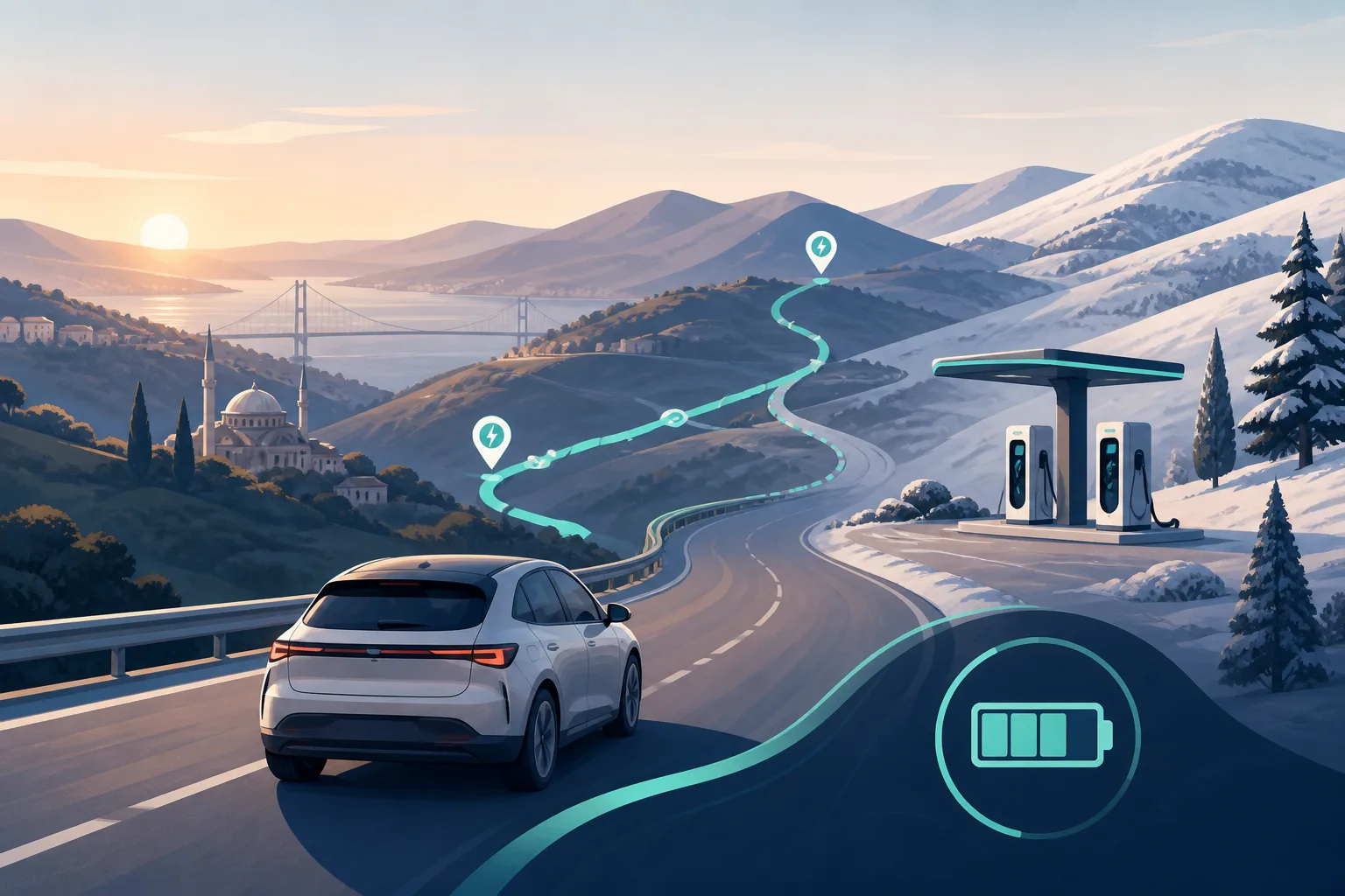 Elektrikli araçla uzun yolculukta güzergâh ve şarj molası planlamasını anlatan illüstrasyon
